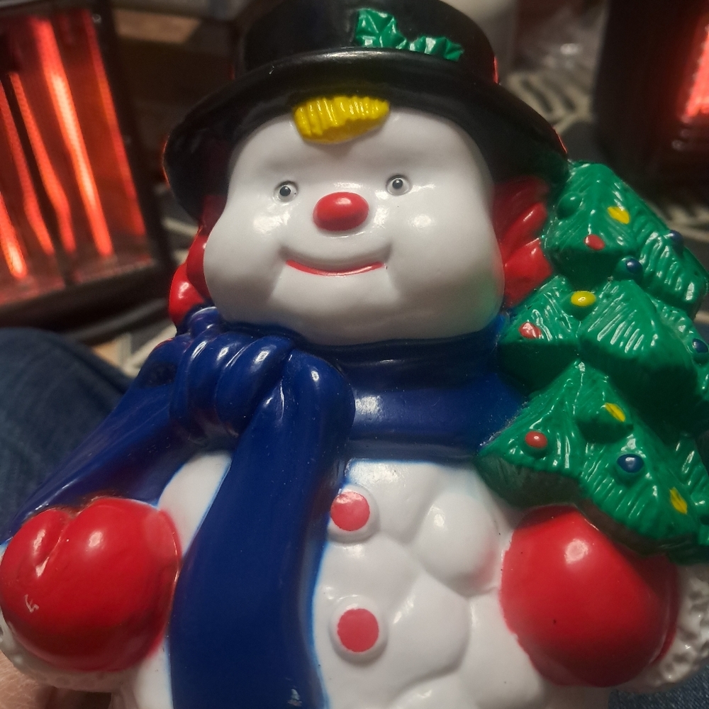 Festive Snowman Blowmold with Christmas Tree Vintage NOMA